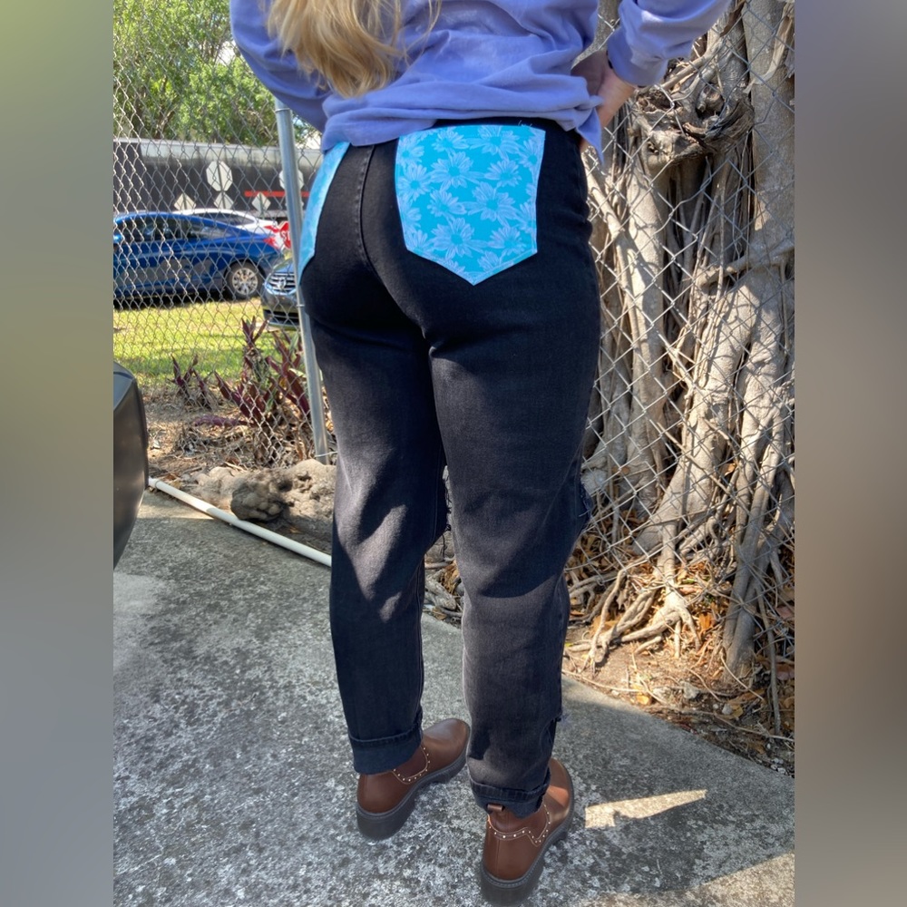 Vibrant Distressed Black Denim with Custom Pockets